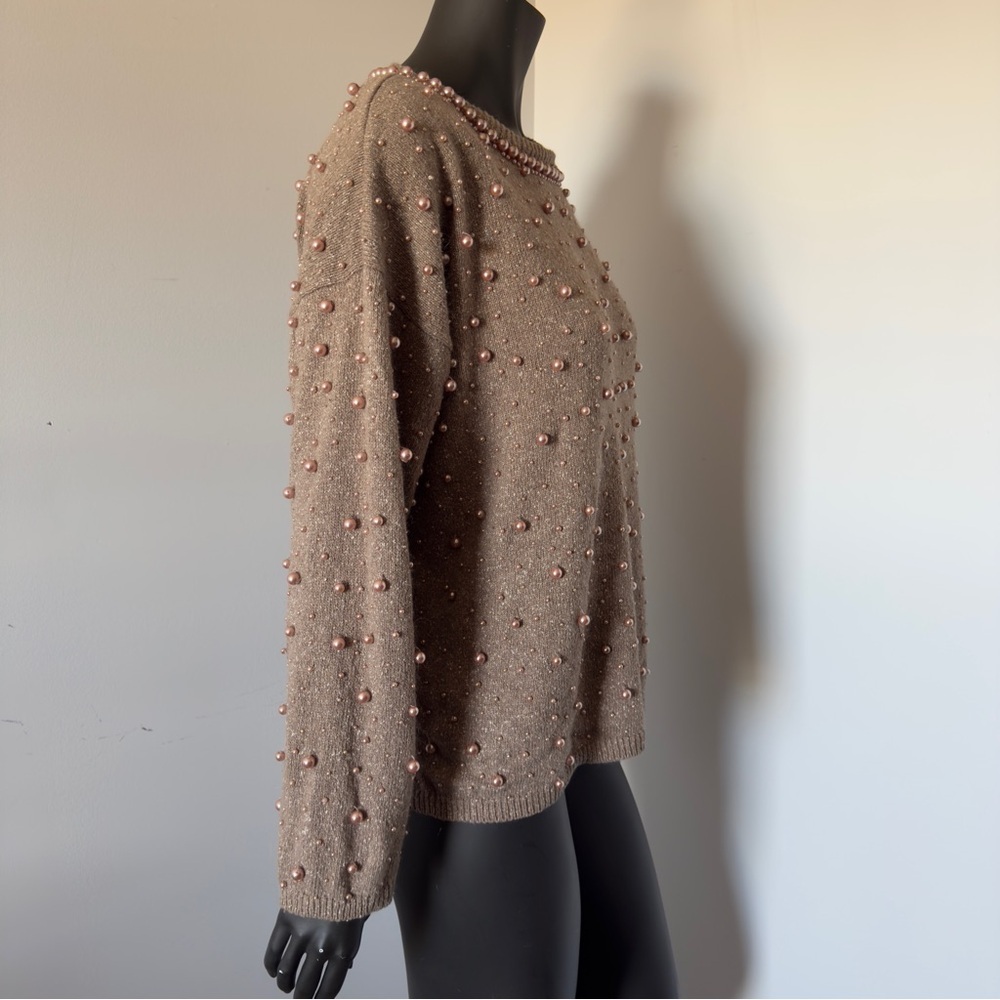 102. VTG Silk / Rabbit hair Elegant Pearl-Embellished Brown Sweater - Picture 6 of 8